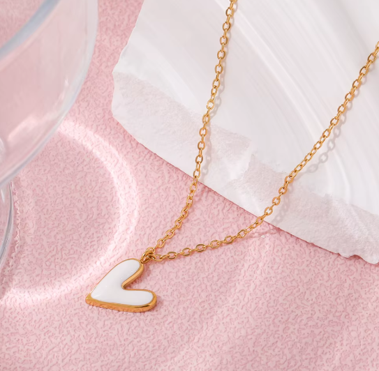 Heart White Enamel Pendant 18K Gold Plated Stainless Steel Necklace