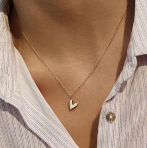 Heart White Enamel Pendant 18K Gold Plated Stainless Steel Necklace