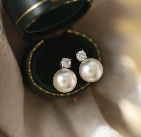 Glass Imitation Pearl Stud Zircon Earrings