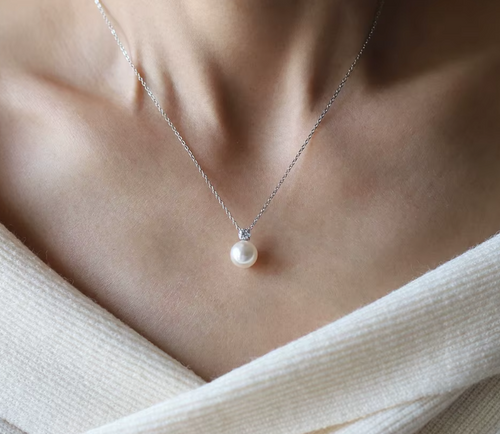 Glass Imitation Pearl Stud Zircon 18K Gold Plated Stainless Steel Necklace