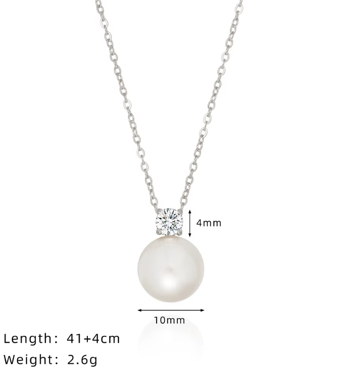 Glass Imitation Pearl Stud Zircon 18K Gold Plated Stainless Steel Necklace