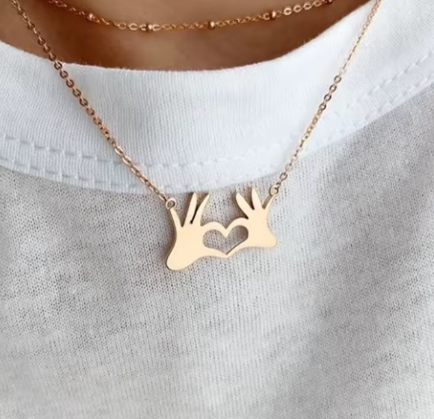 Cute Heart Gesture Pendant Necklace 18K Gold Plated Stainless Steel