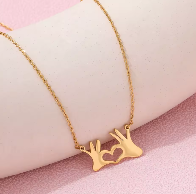 Cute Heart Gesture Pendant Necklace 18K Gold Plated Stainless Steel