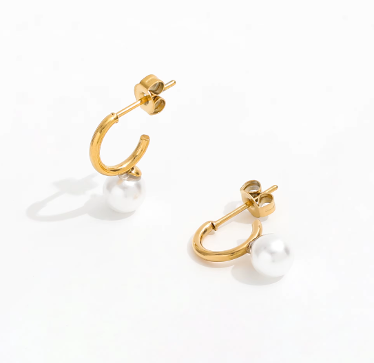 Pearl Mini C Hoop Earrings 18K Gold Plated Stainless Steel