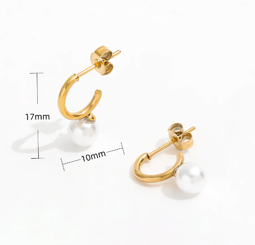 Pearl Mini C Hoop Earrings 18K Gold Plated Stainless Steel