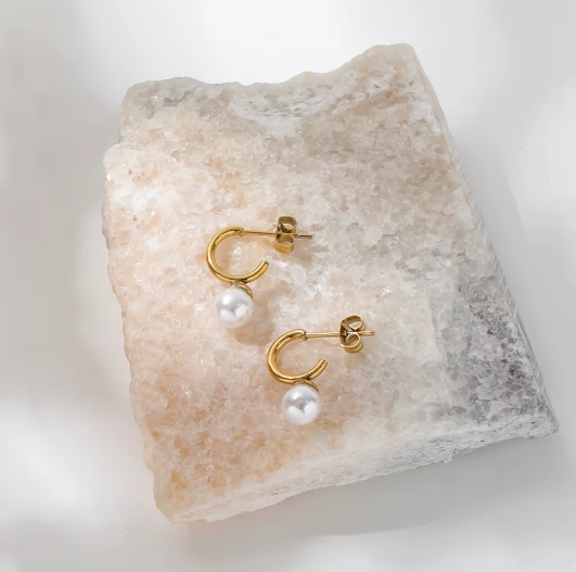 Pearl Mini C Hoop Earrings 18K Gold Plated Stainless Steel
