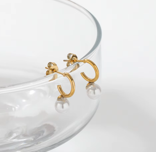 Pearl Mini C Hoop Earrings 18K Gold Plated Stainless Steel